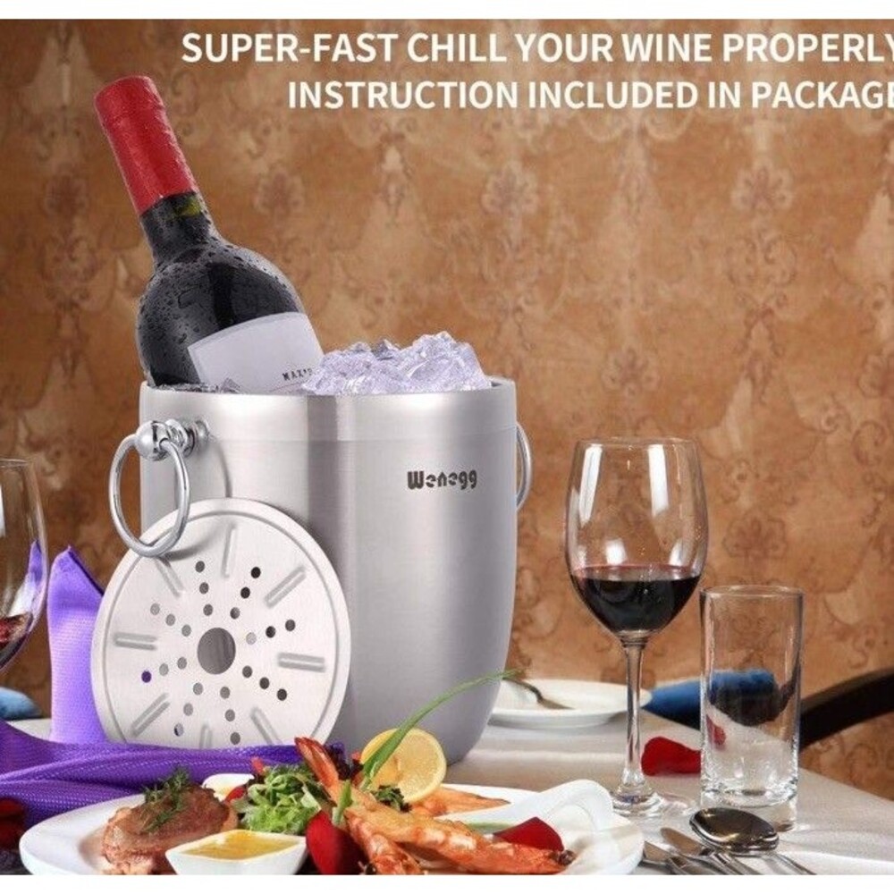 Wenegg Stainless Steel Ice Bucket With Strainer And Tongs 3 L
